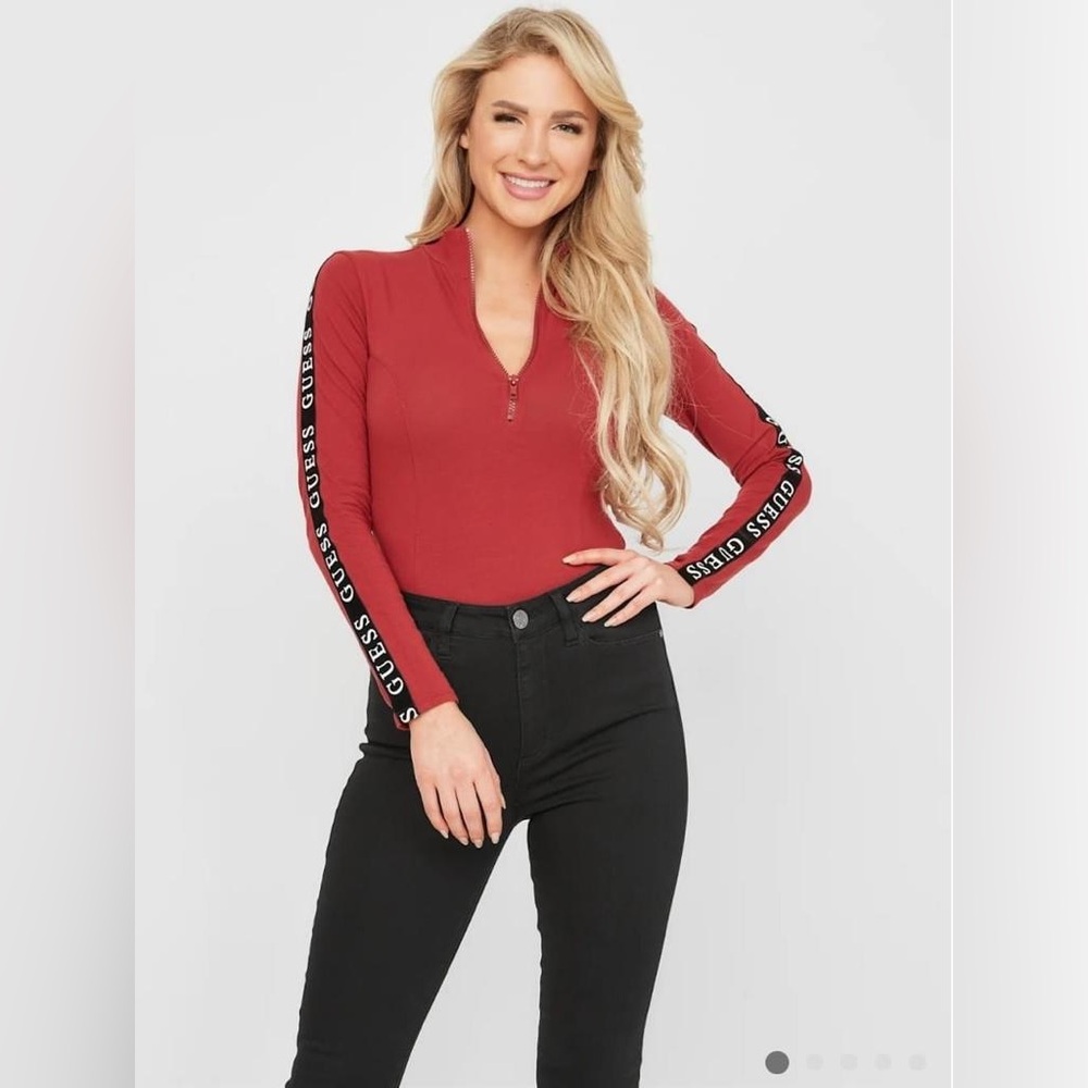 Guess Womens Long Sleeve Zip Bodysuit Top with Logo Tape Detail, Medium‎